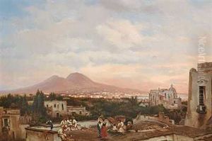 Udsigt Over Napoli, I Forgrunden Dansende Italienerinder Pa En Terrasse