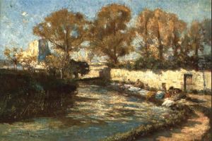 Lavaderas En El Rio by Joaquin Pallares y Allustante