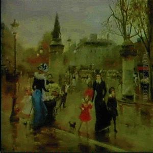 A Busy Square In Paris by Joaquin Pallares y Allustante