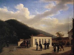 The Courtyard Of A Palace In The Environs Of Rio De Janeiro With An Architect by Armand Julien Palliere