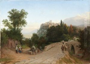 Udsigt Mod Utricoli I Umbrien, I Forgrunden Kvinder Og Mand I Samtale Ved Bronden Samt Oksekaerre Passerende Stenbro Over Tiberen, I Det Fjerne Byen Samt Bjergtinder Og Det Abne Markland by Gustaf Wilhelm Palm