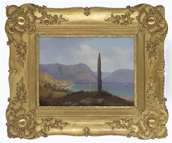 Harvesters On A Stroll To An Obelisk By An Alpine Lake - view 1