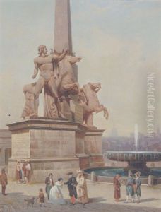 Folkeliv Pa Piazza Del Quirinale Med Statuerne Af Dioskurerne Castor Og Pollux by Gustaf Wilhelm Palm