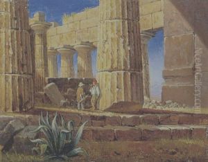En Kunstner I Samtale Med En Italiener I Det Antikke Tempel I Paestum