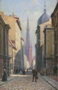 St. Clara Norra Kyrkogata Med Kyrkans Nya Torn Fardigbyggt Ar 1886 by Gustaf Wilhelm Palm