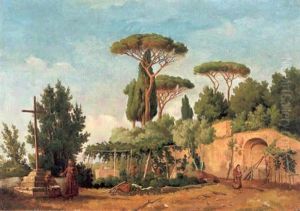 Capuciner-klostergarden Vid Frascati - Motiv Med Munkar Samt Hoga Cypresser Och Pinjer by Gustaf Wilhelm Palm