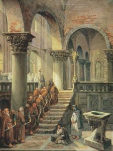 Procession Med Munkar I Klosterinterior