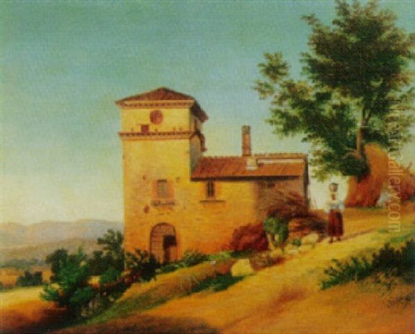 Kvinna Vid Hus I Italienskt Landskap - view 1