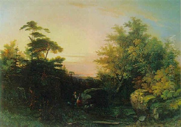 Italienskt Skogslandskap Med Figurer Och Far - view 1