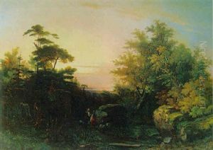 Italienskt Skogslandskap Med Figurer Och Far by Gustaf Wilhelm Palm