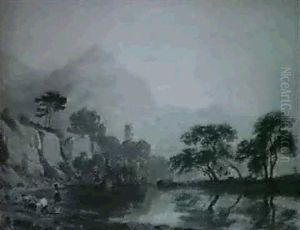 Sydlandskt Landskap Med Sjo, I Forgrunden Farhjord Med Tva Herdar by Gustaf Wilhelm Palm