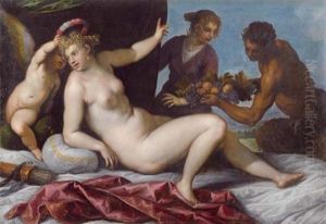 Venus Wird Von Amor Gekront Wahrend Satyrn Und Eine Nymphe Ihr Fruchte Reichen