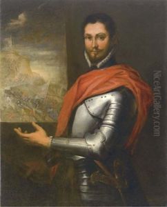 Ritratto Di Condottiero Con Una Battaglia Sullo Sfondo