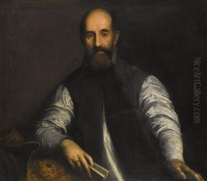 Portrait Of A Bearded Man Wearing A Blue Waistcoat And Holding A Book In His Right Hand by Jacopo Palma il Giovane