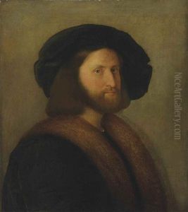 Portrait Of Venetian Gentleman, Half-length, In A Black, Fur-trimmed Cloak And A Black Cap by Jacopo Palma il Vecchio