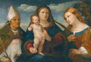 The Madonna And Child With Saint Catherine Of Siena And A Bishop Saint by Jacopo Palma il Vecchio