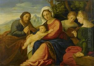 Sacra Conversazione Mit Madonna Und Kind Sowie Auftraggeber Als Heiliger Joseph Und Heilige Katharina Von Alexandrien by Jacopo Palma il Vecchio