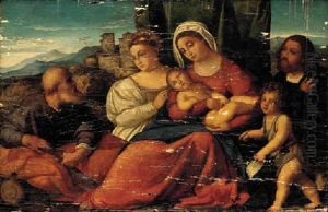 The Holy Family With The Infant Saint John The Baptist, A Female Saint And A Male Donor In A Landscape by Jacopo Palma il Vecchio