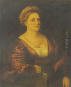 Portrait Of A Lady Wearing A Red Dress by Jacopo Palma il Vecchio