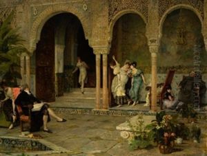 Familia En El Patio Mudejar by Vicente Palmaroli Y Gonzalez