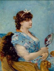 A Seated Woman With Hand Mirror by Vicente Palmaroli Y Gonzalez