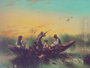 Duck Hunters And Dogs In Marsh by Frances F. Palmer