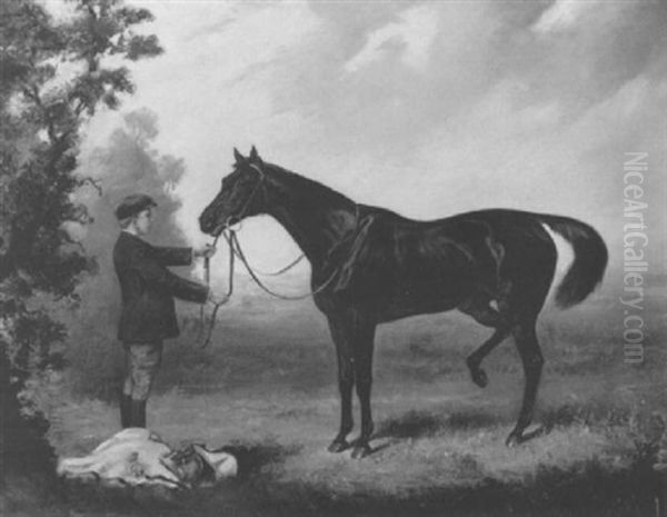 Black Horse In A Landscape With Groom - view 1