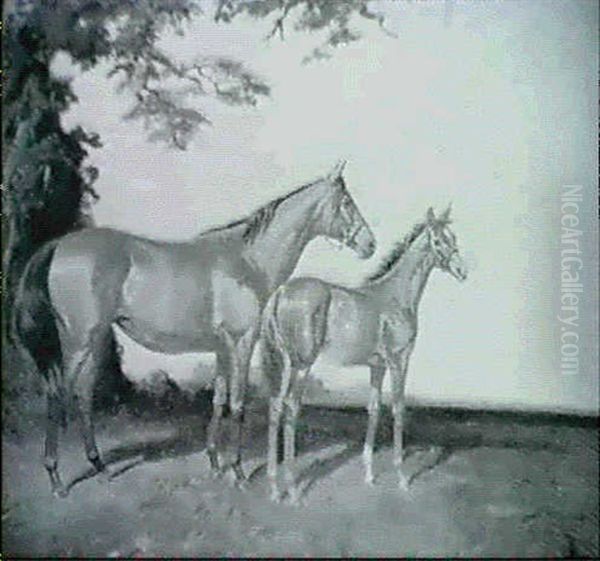 Scotch Gift With Her Grey Colt Foal, The Satrap, In A Landscape - view 1