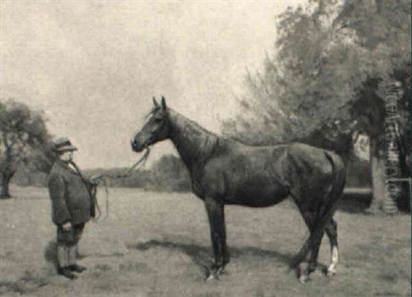 Racehorse And Handler In A Landscape - view 1