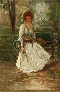 Young Woman Seated With Book And Mandolin by Pauline Lennards Palmer