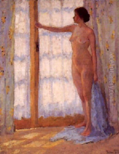 Full Length Nude In A French Window In Blue Watercolor Silk Robe - view 1