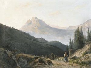 Alpenpartie Mit Schafherde Und Hirten.