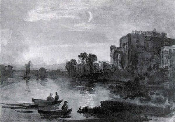 Study Of Boats On A Lake By Moonlight - view 1