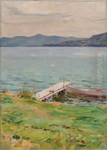 View Of The Lake With Dock And Row Boat by Walter Launt Palmer