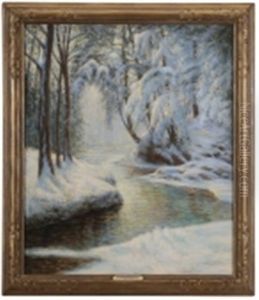 Three Cedars, A Winter Landscape With Stream by Walter Launt Palmer