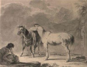 Two Horses And A Traveller In A Mountainous Landscape by Pietro Giacomo Palmieri