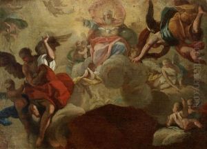 God The Father And The Holy Spirit Surrounded By Angels, A Ceiling Design by Acislo Antonio Palomino