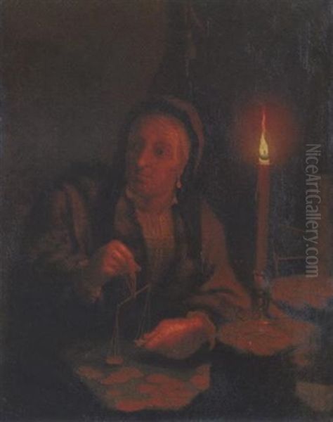 An Old Woman Weighing Gold Pieces At A Table By Candlelight - view 1