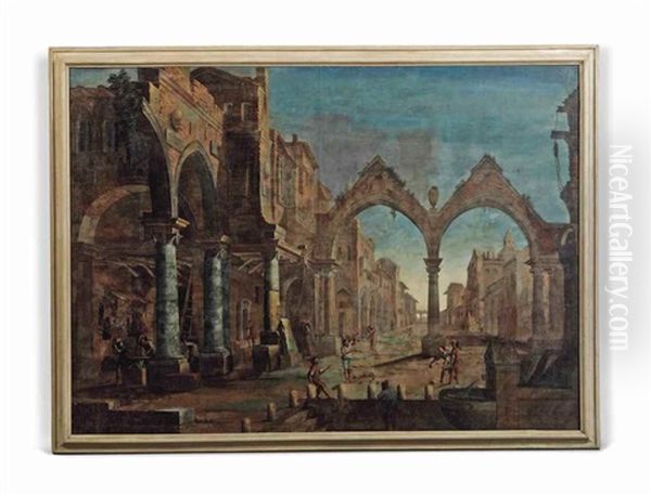 An Architectural Capriccio With Workers And Figures Playing Biglie - view 1