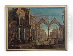 An Architectural Capriccio With Workers And Figures Playing Biglie