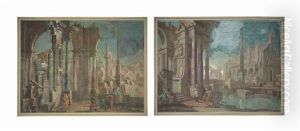 A Capriccio Of Classical Ruins With Figures Resting By A Canal, A Church Beyond (+ An Architectural Capriccio With Figures Conversing Among Ruins (pair) by Pietro (Il Mirandolese) Paltronieri