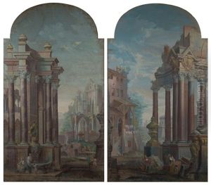 Scena Di Vita In Un Paesaggio Architettonico Con Rovine Classiche (coppia) by Pietro (Il Mirandolese) Paltronieri