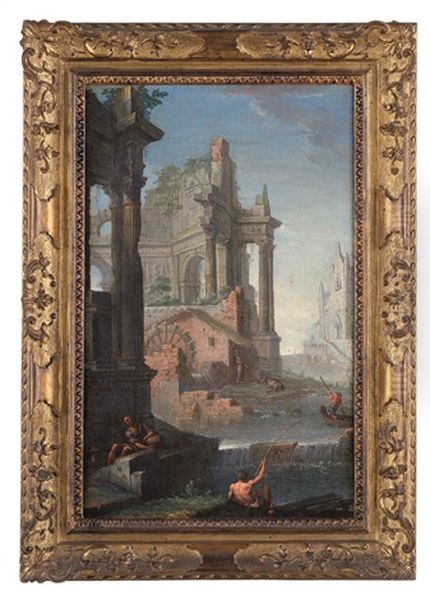 Paesaggio Lacustre Con Capriccio Architettonico E Figure - view 1