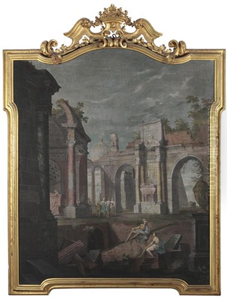 Capriccio Mit Romischen Ruinen Und Einer Gruppe Tanzender Im Hintergrund; Capriccio Mit Romischen Ruinen Und Figuren An Einem Brunnen (pair) - view 1