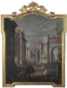 Capriccio Mit Romischen Ruinen Und Einer Gruppe Tanzender Im Hintergrund; Capriccio Mit Romischen Ruinen Und Figuren An Einem Brunnen (pair) by Pietro (Il Mirandolese) Paltronieri
