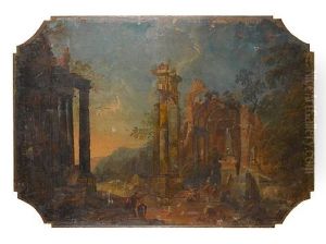An Architectural Capriccio With Figures Among Roman Ruins by Pietro (Il Mirandolese) Paltronieri