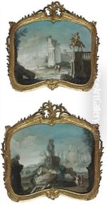 An Architectural Capriccio With A Herm Of Bacchus (+ An Architectural Capriccio With An Equestrian Monument; Pair) by Pietro (Il Mirandolese) Paltronieri
