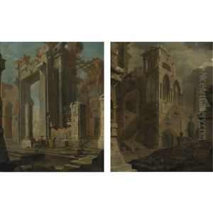 Ruins Of A Gothic Church With A Tombstone And Figures (+ Classical Ruins With Figures Before A Pool; Pair) by Pietro (Il Mirandolese) Paltronieri