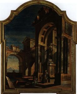 Architektur-capriccio Vor Einer Saulenhalle, Darin Ein Steinerner Condottiere