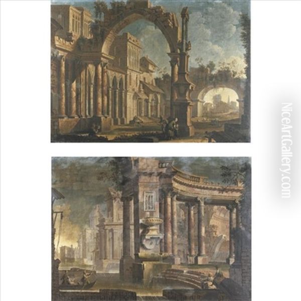 Architectural Capriccio With Figures Underneath An Arch (+ Architectural Capriccio Along A River; Pair) - view 1